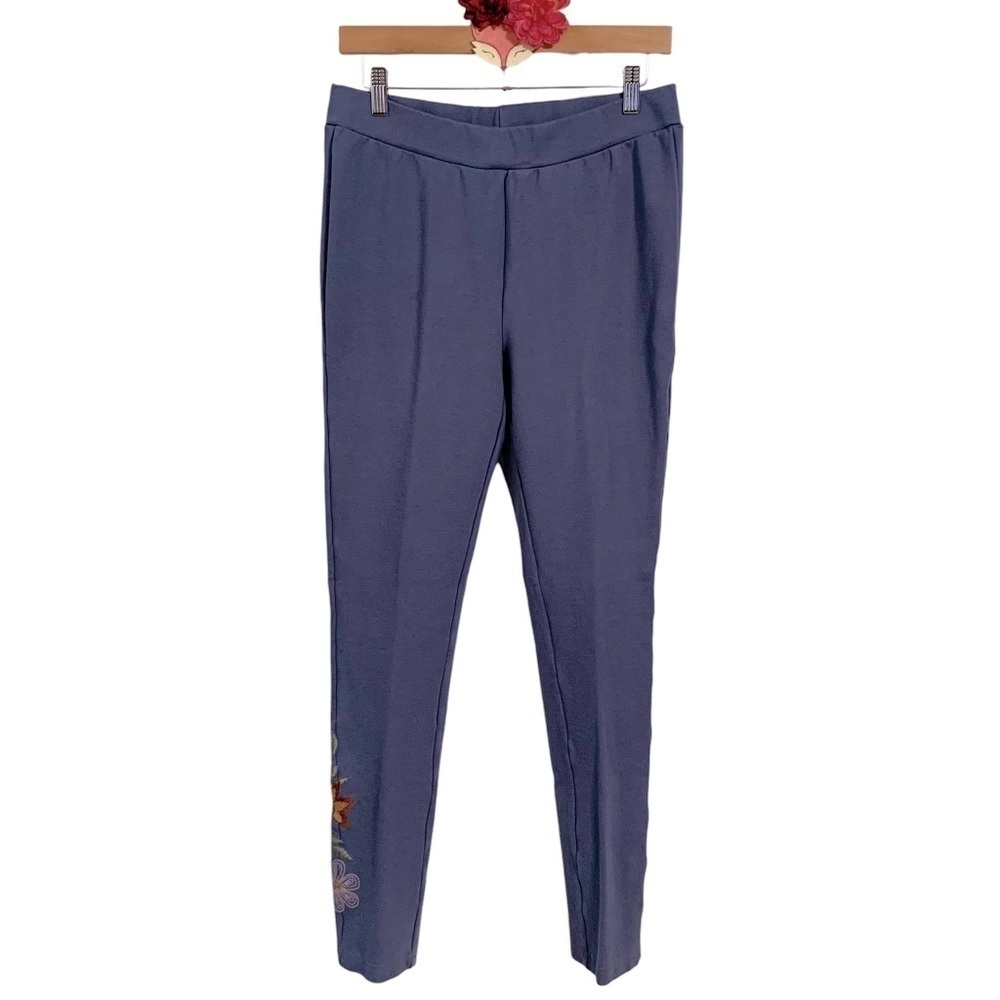 Standard Grace leggings embroidered flowers dusty blue ponte knit pants medium
